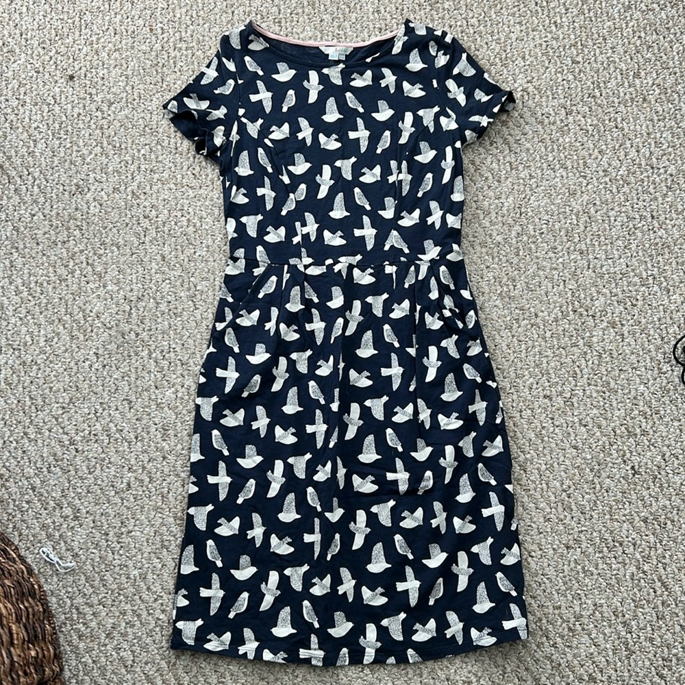 Boden Navy Blue Dress with Cream Bird Print